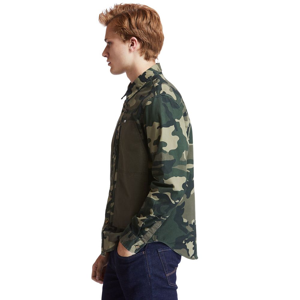 Timberland Mens Shirts Mixed-Media Camo Utility Over - Olive - India UO8271460